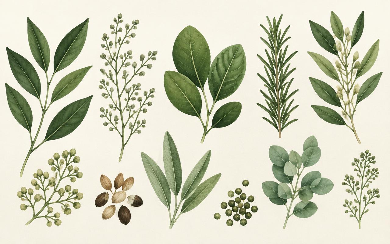 Decorative botanical illustration of generic leaves and seeds
